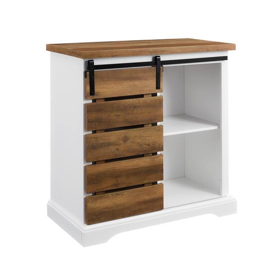 Walker Edison 32" Solid White & Reclaimed Wood Two-Tone Sliding Slat Door Accent Cabinet